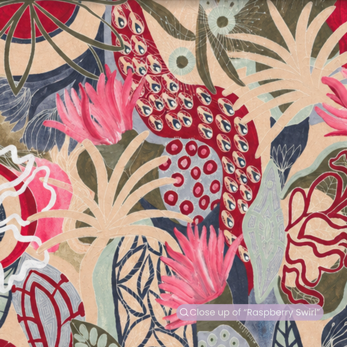 A close-up of a colorful abstract floral and peacock pattern with pink, red, beige, navy, and sage green elements. Text at the bottom reads “Q Close up of ‘Raspberry Swirl’”.