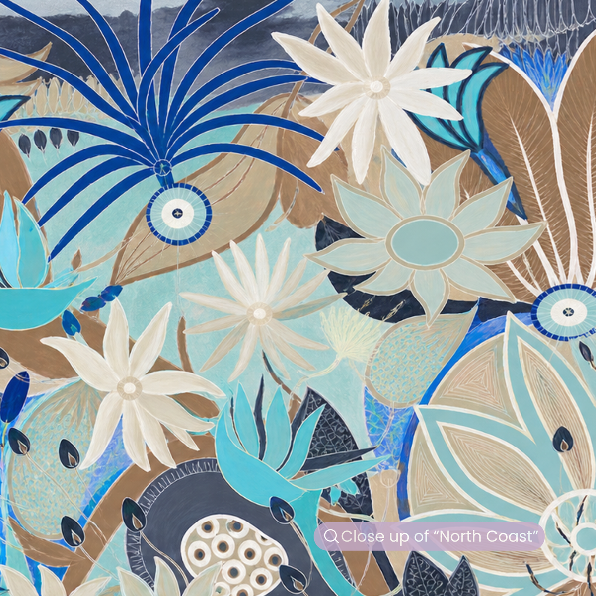North Coast by Anna Lohe – horizontal coastal botanical print in shades of blue with native flowers, shells, seagrass and coral