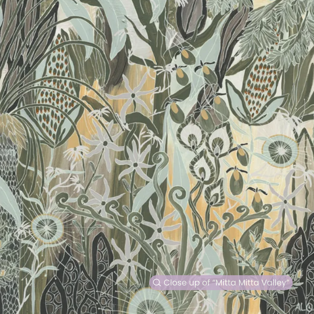 Close-up of Mitta Mitta Valley by Anna Lohe showing layered leaves, wildflowers and seedpods in olive and ochre