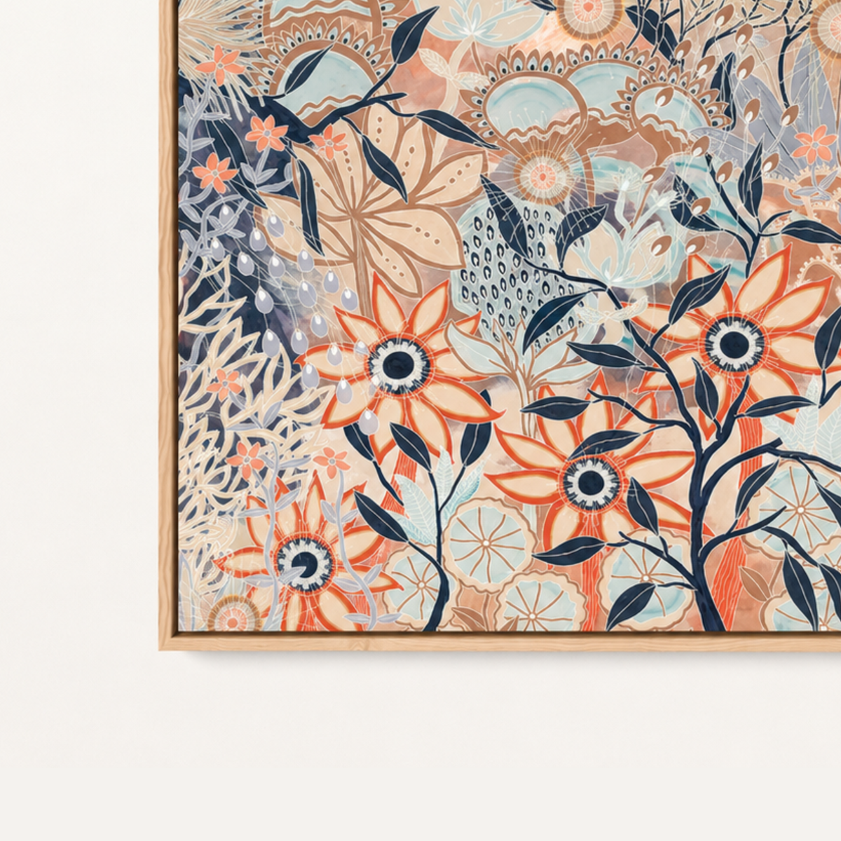 Blue Gum Forest Vertical 1 by Anna Lohe – tall botanical print of the Australian bush in terracotta, navy, soft blue and warm tan