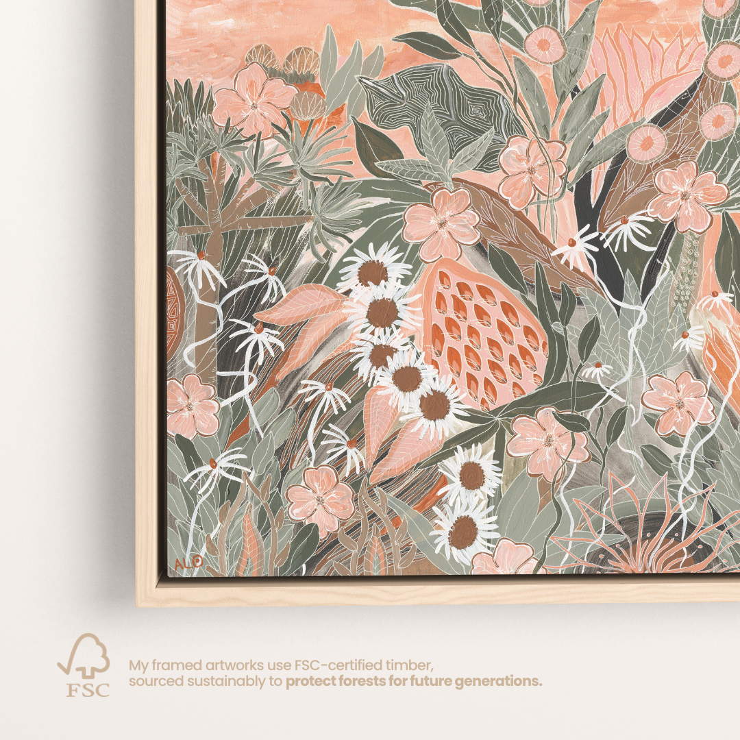 Evening Primrose by Anna Lohe – corner of the framed square artwork with FSC-certified timber label