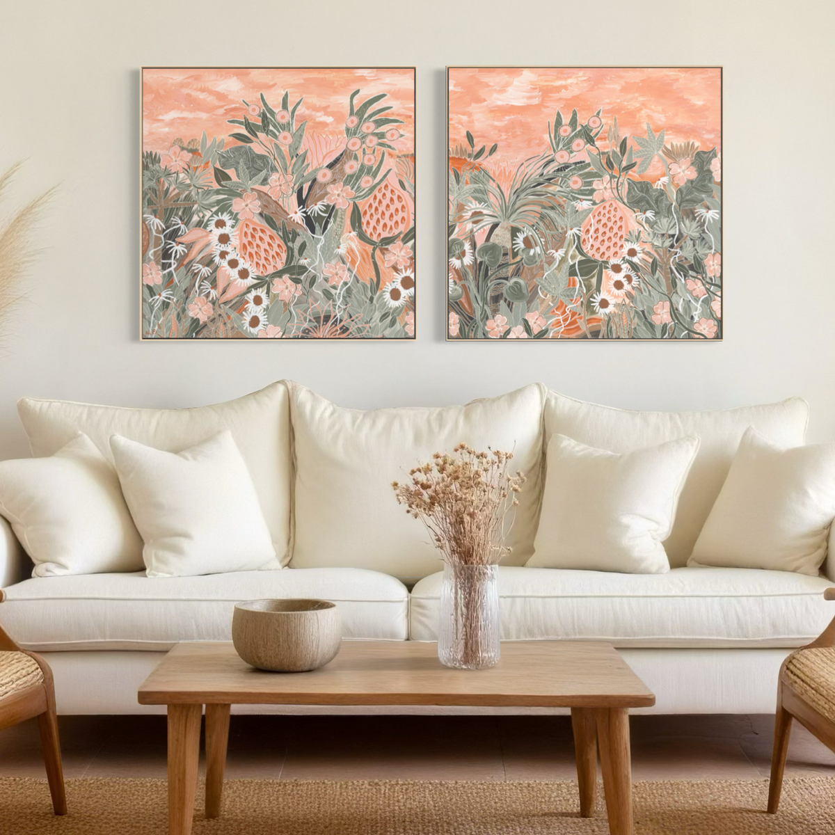 Evening Primrose 1 and 2 by Anna Lohe – pair of framed square artworks hung side by side above a white sofa