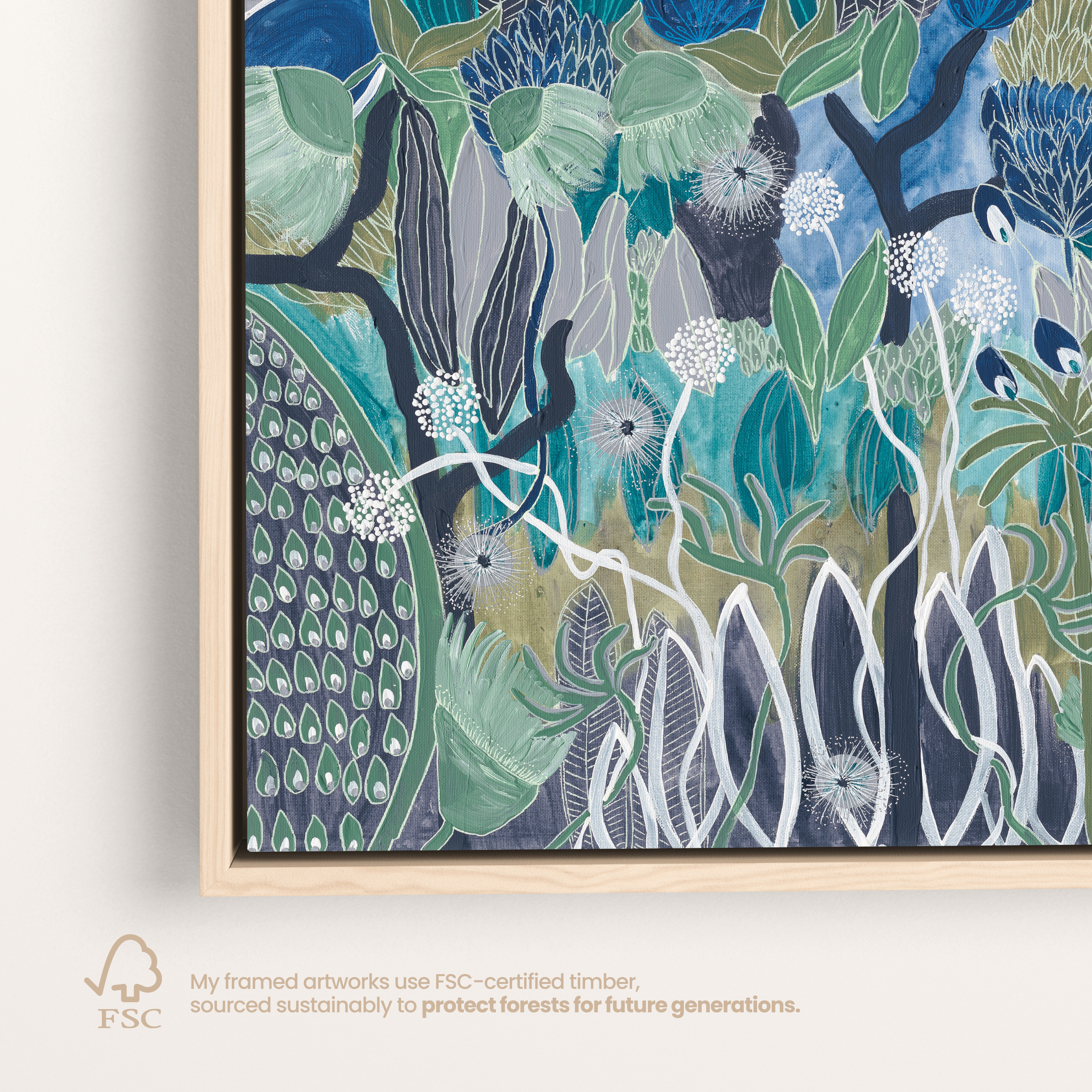 Midnight Meanderings 1 square artwork — moody blue and green Australian native botanical art by Anna Lohe
