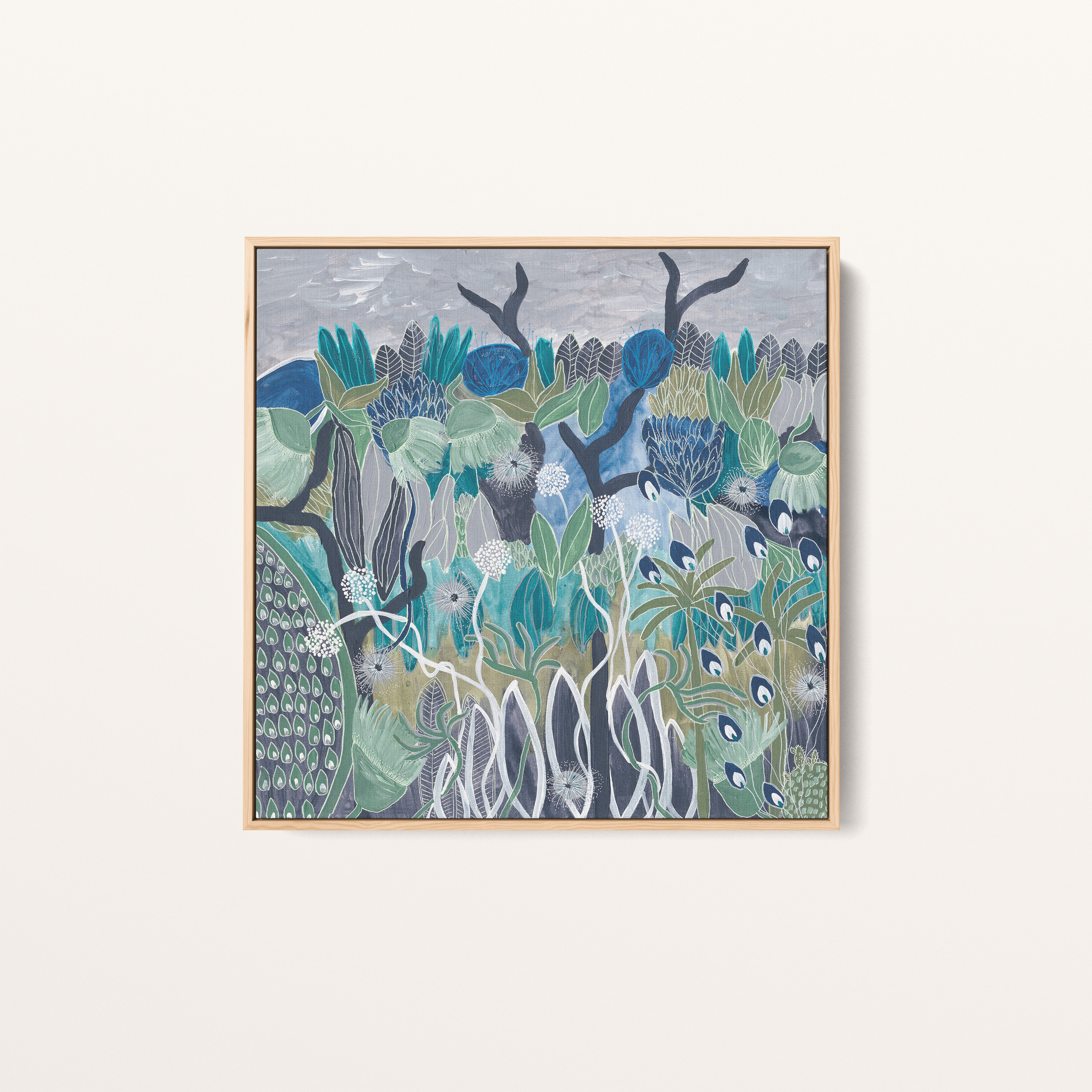 Midnight Meanderings 1 square artwork — moody blue and green Australian native botanical art by Anna Lohe