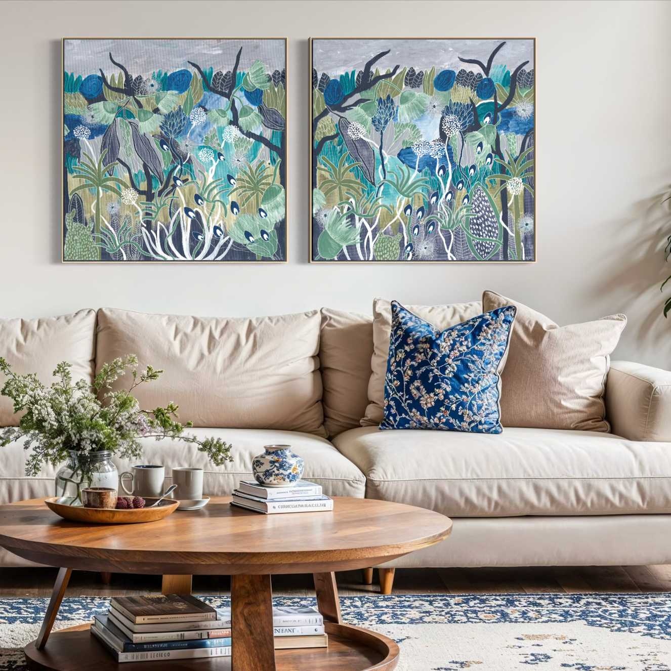 Midnight Meanderings 2 & 3 pair — moody blue and green Australian native botanical art by Anna Lohe, displayed as a matching set