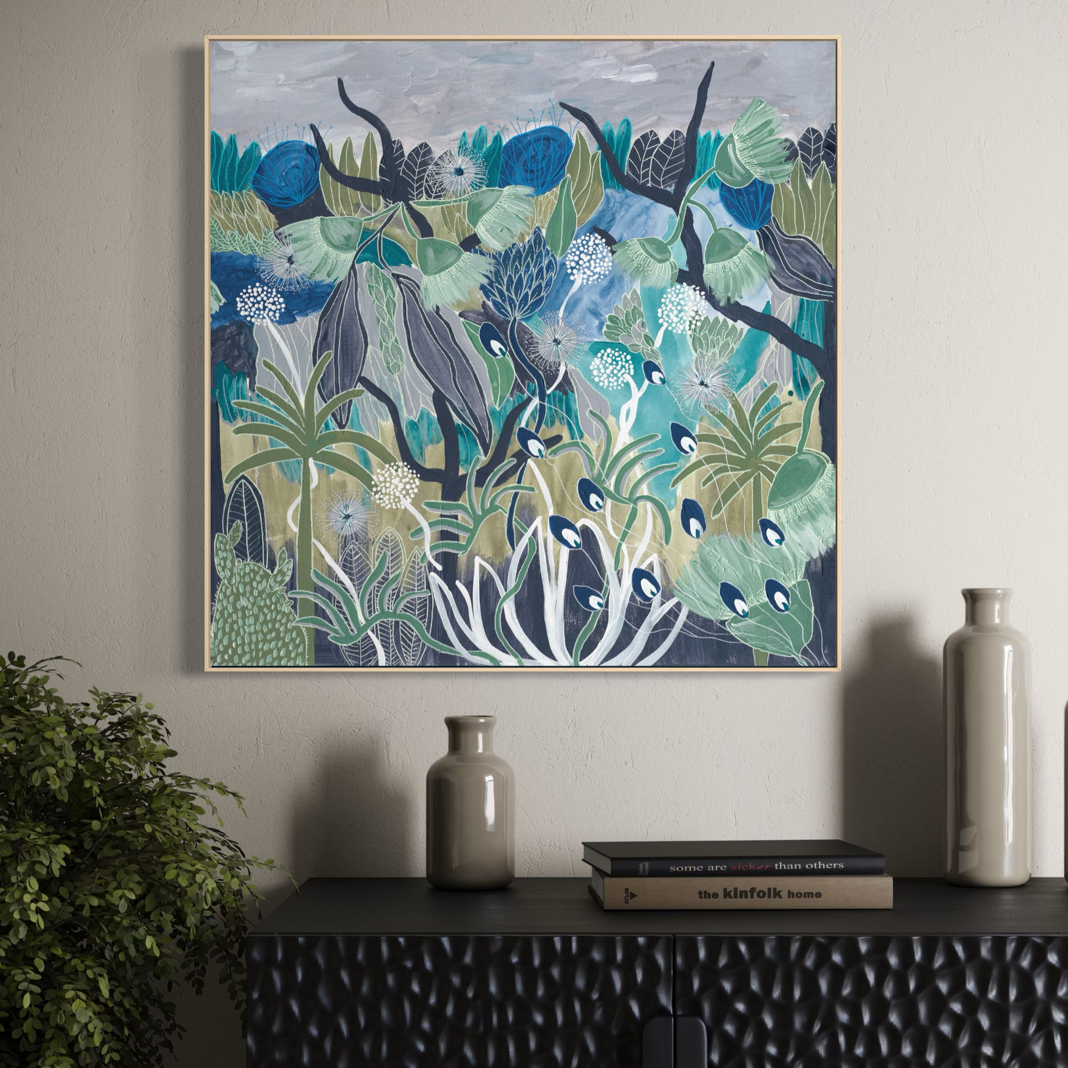 Midnight Meanderings 2 square artwork — moody blue and green Australian native botanical art by Anna Lohe