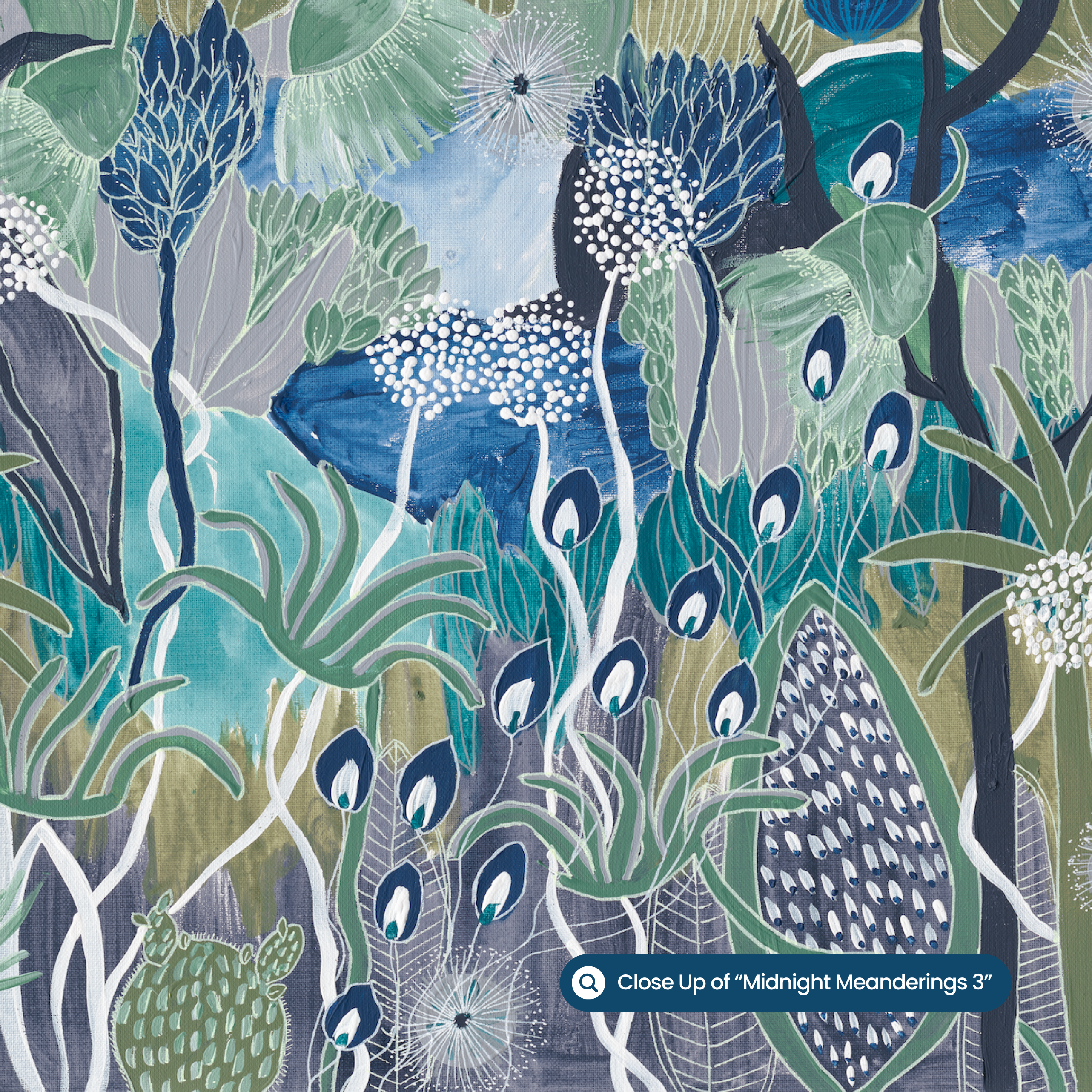 Midnight Meanderings set of 3 — moody blue and green Australian native botanical art by Anna Lohe, displayed together as a matching trio