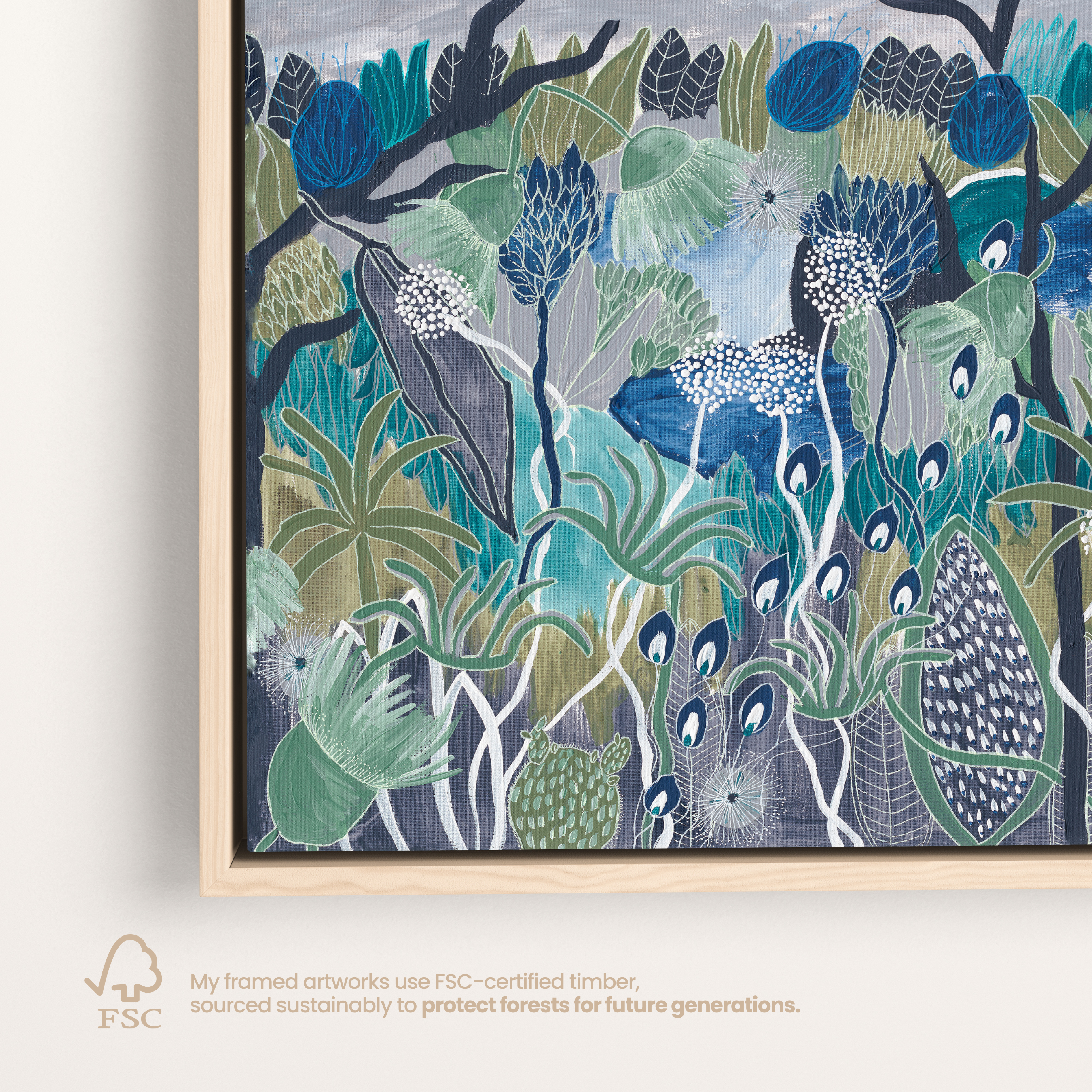 Midnight Meanderings 3 square artwork — moody blue and green Australian native botanical art by Anna Lohe