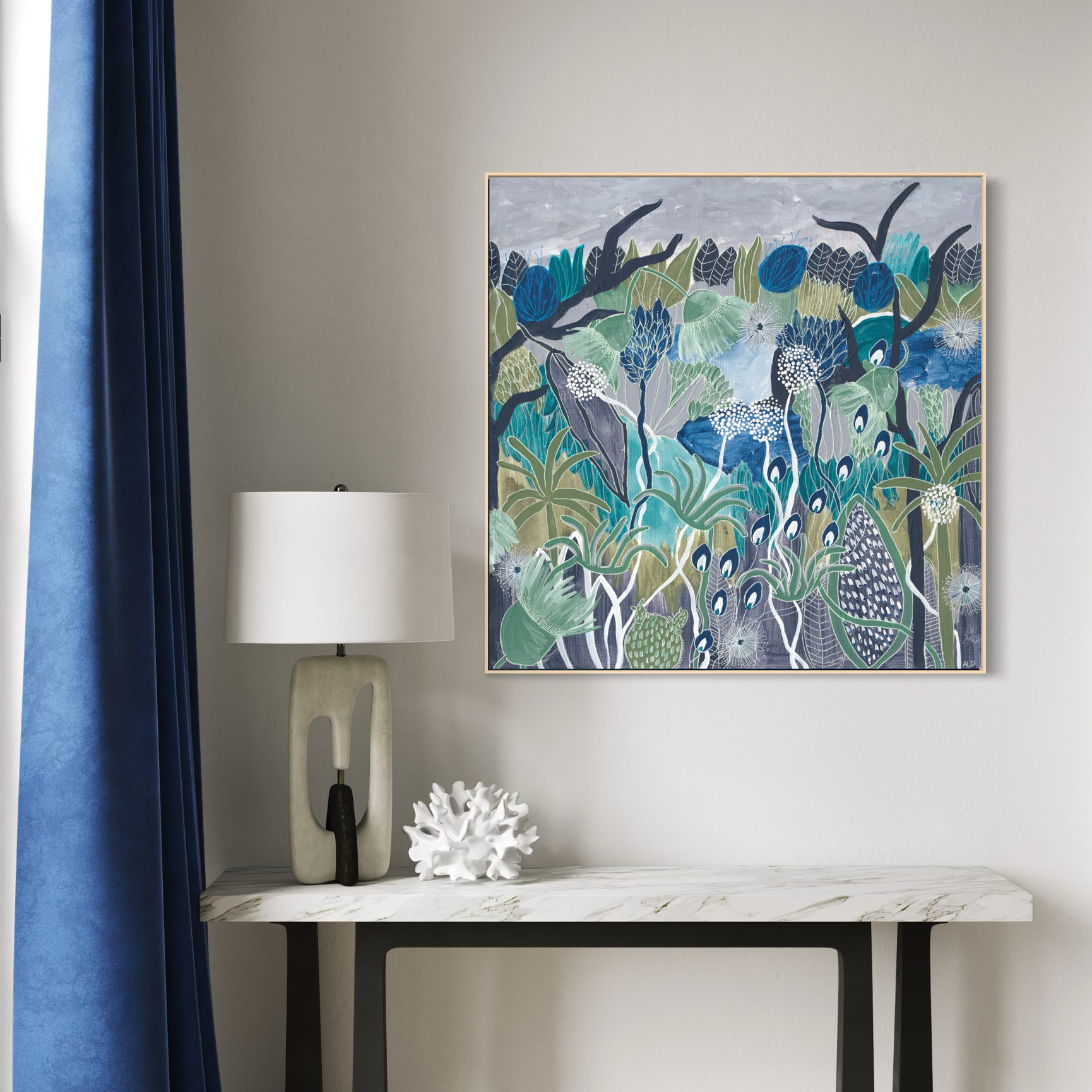 Midnight Meanderings 3 square artwork — moody blue and green Australian native botanical art by Anna Lohe
