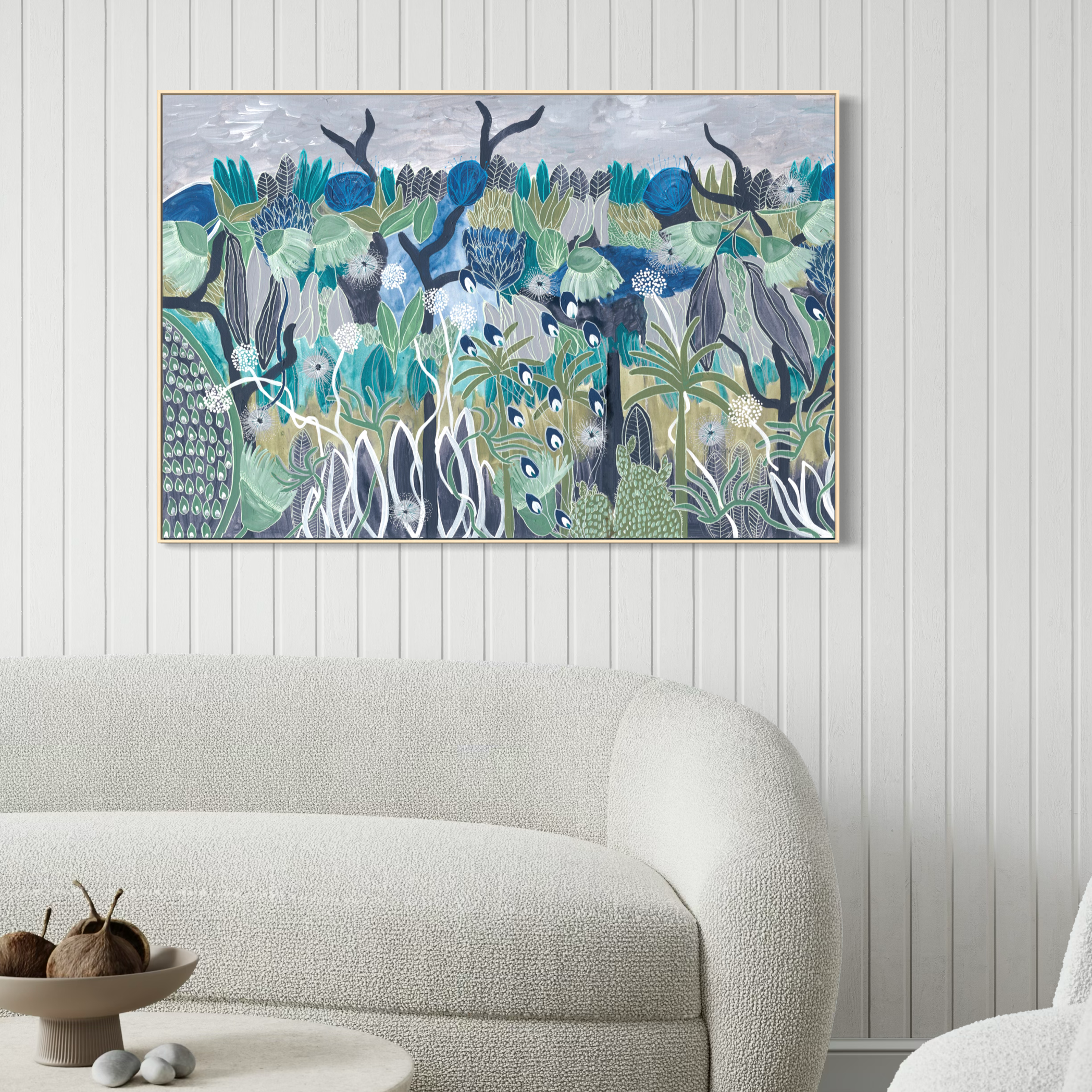 Midnight Meanderings 1 & 2 pair — moody blue and green Australian native botanical art by Anna Lohe, displayed as a matching set