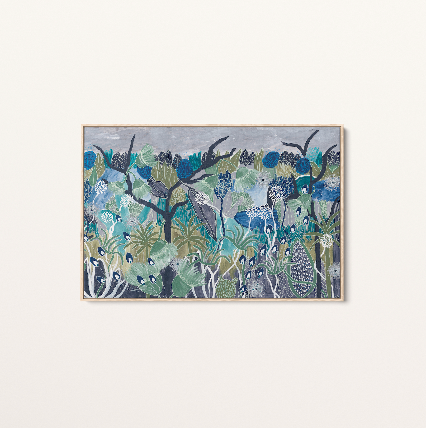 Midnight Meanderings 2 & 3 pair — moody blue and green Australian native botanical art by Anna Lohe, displayed as a matching set