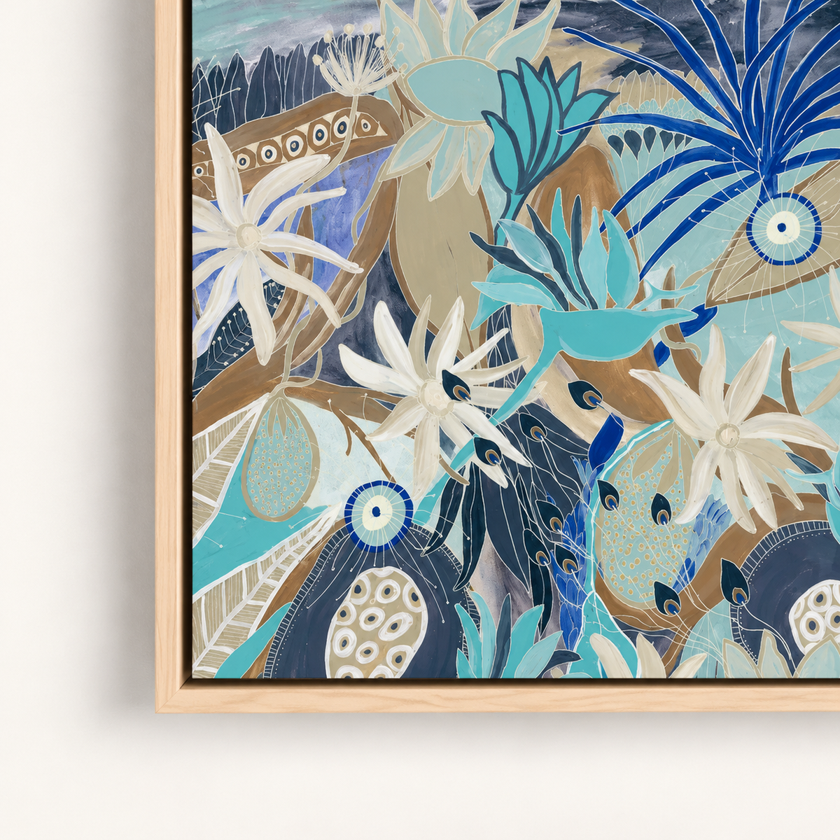 North Coast by Anna Lohe – horizontal coastal botanical print in shades of blue with native flowers, shells, seagrass and coral