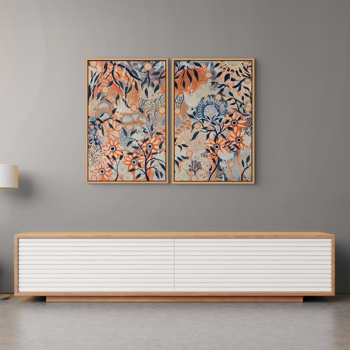 Blue Gum Forest Vertical 1 and 2 by Anna Lohe – pair of tall Australian bush prints in terracotta, navy, soft blue and tan