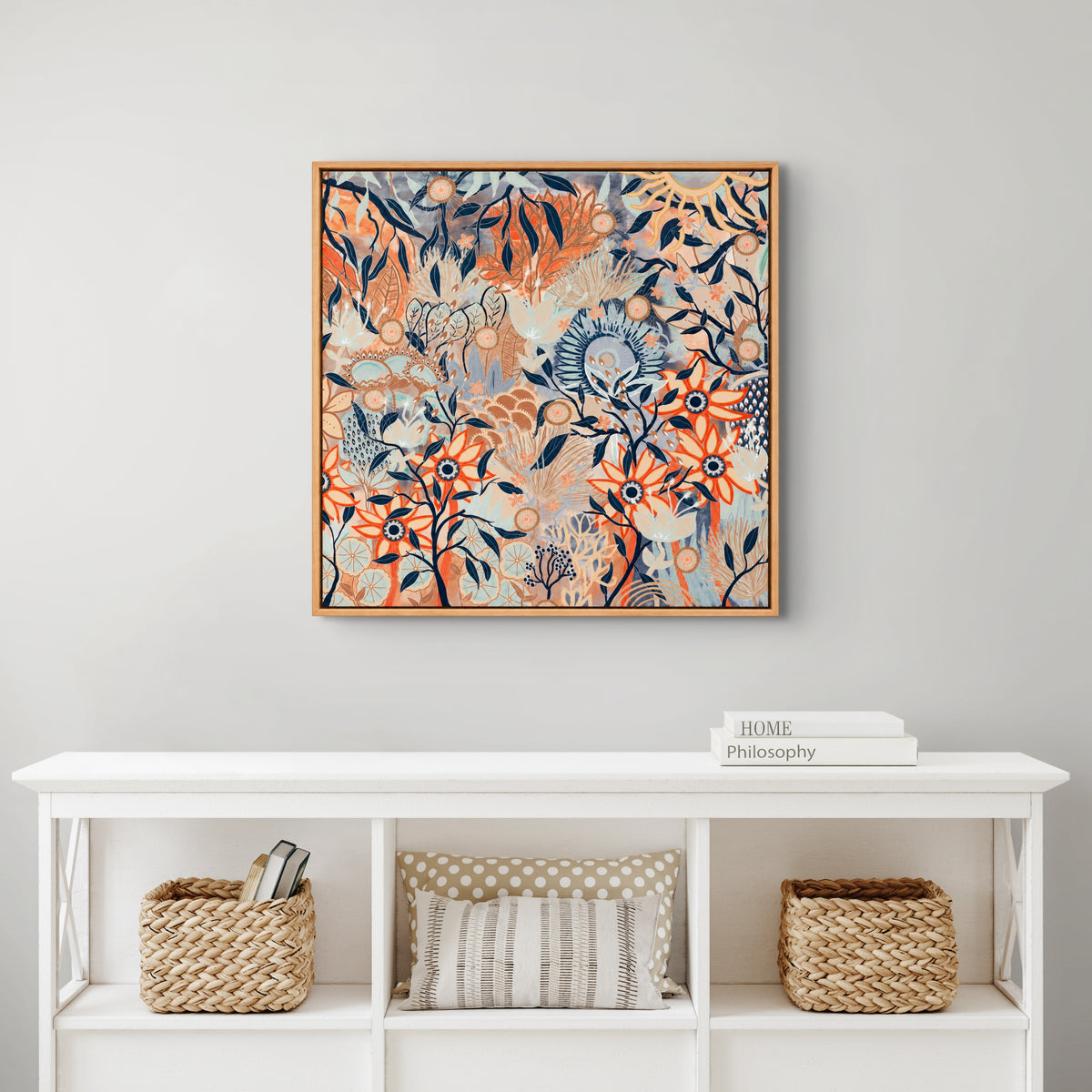 Blue Gum Forest Square by Anna Lohe – square Australian bush print of layered native plants in terracotta, navy, soft blue and tan