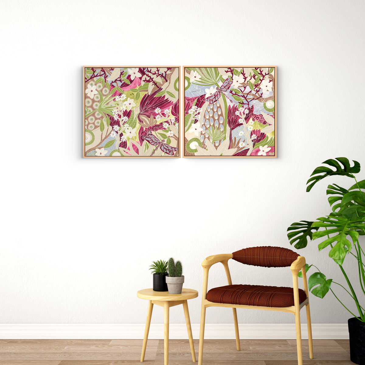 Dance of the Dragonfly 1 and 2 by Anna Lohe – pair of framed square artworks hung side by side above a red chair and side table