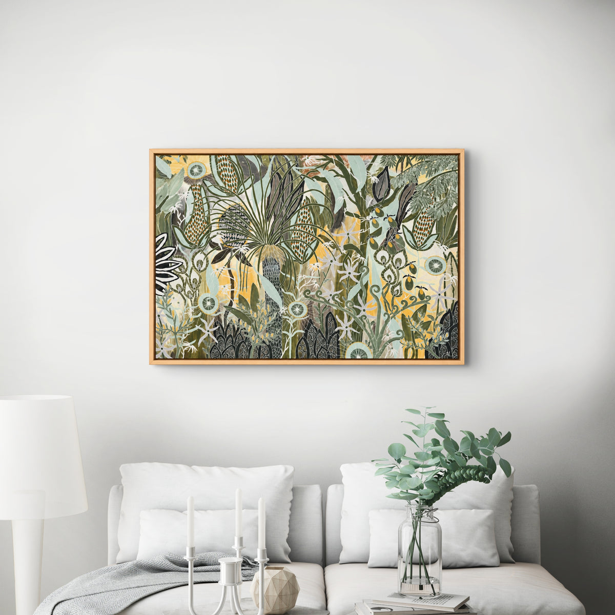 Mitta Mitta Valley by Anna Lohe – framed horizontal artwork in olive green, ochre and cream hanging above a bed with white linen