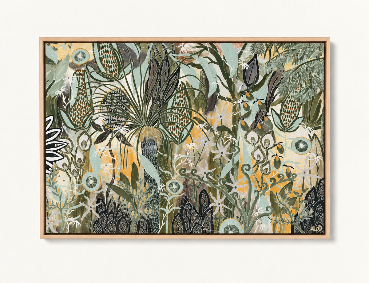 Mitta Mitta Valley by Anna Lohe – framed horizontal artwork of dense native foliage and wildflowers, front view