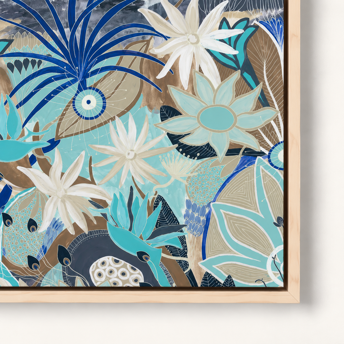 North Coast by Anna Lohe – horizontal coastal botanical print in shades of blue with native flowers, shells, seagrass and coral