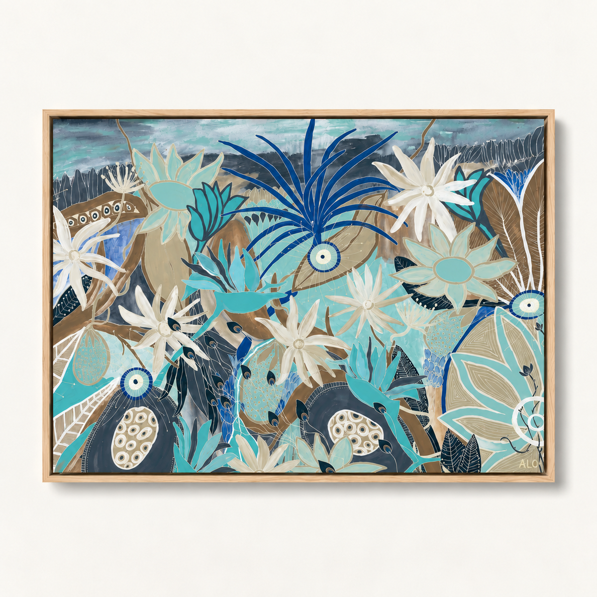North Coast by Anna Lohe – horizontal coastal botanical print in shades of blue with native flowers, shells, seagrass and coral