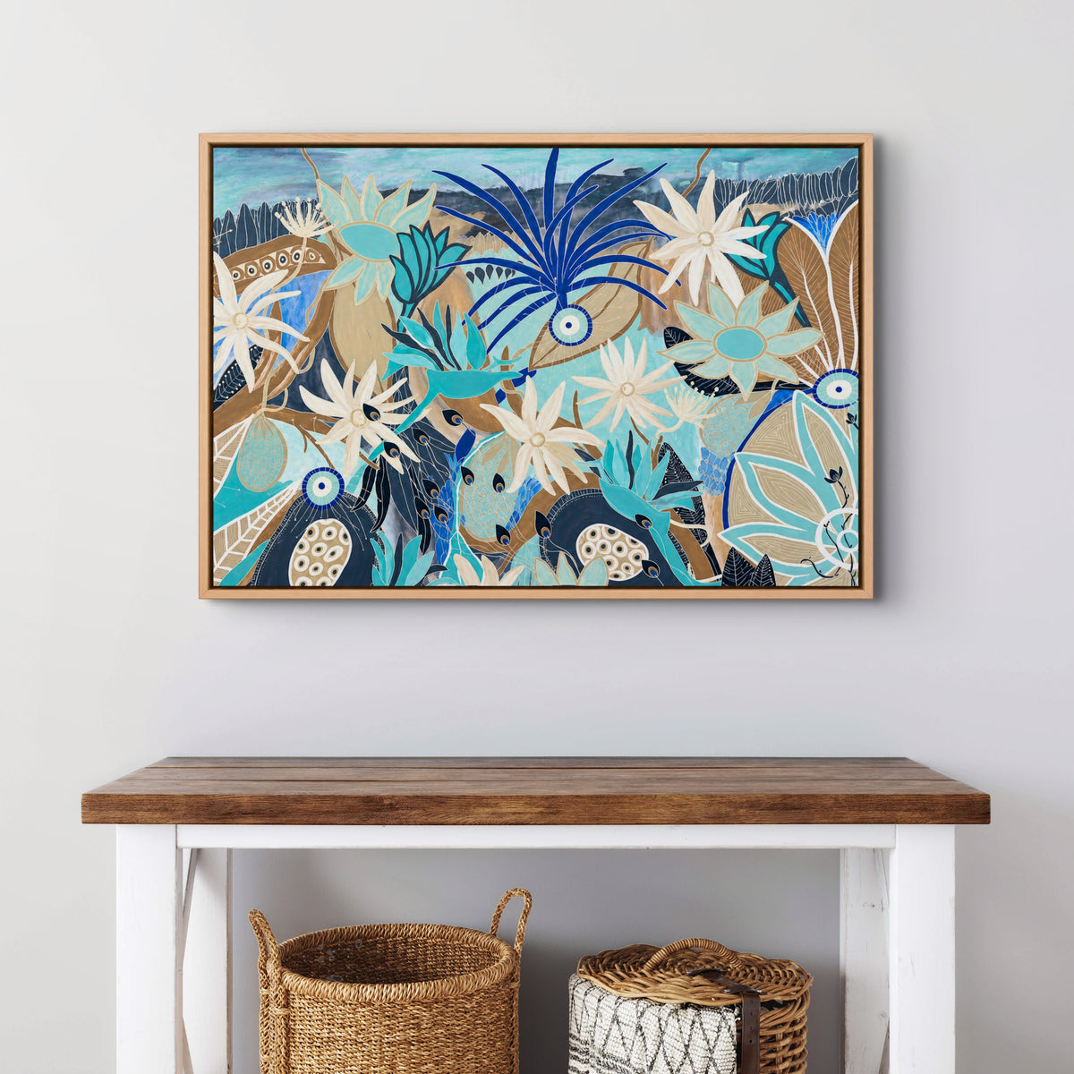 North Coast by Anna Lohe – horizontal coastal botanical print in shades of blue with native flowers, shells, seagrass and coral