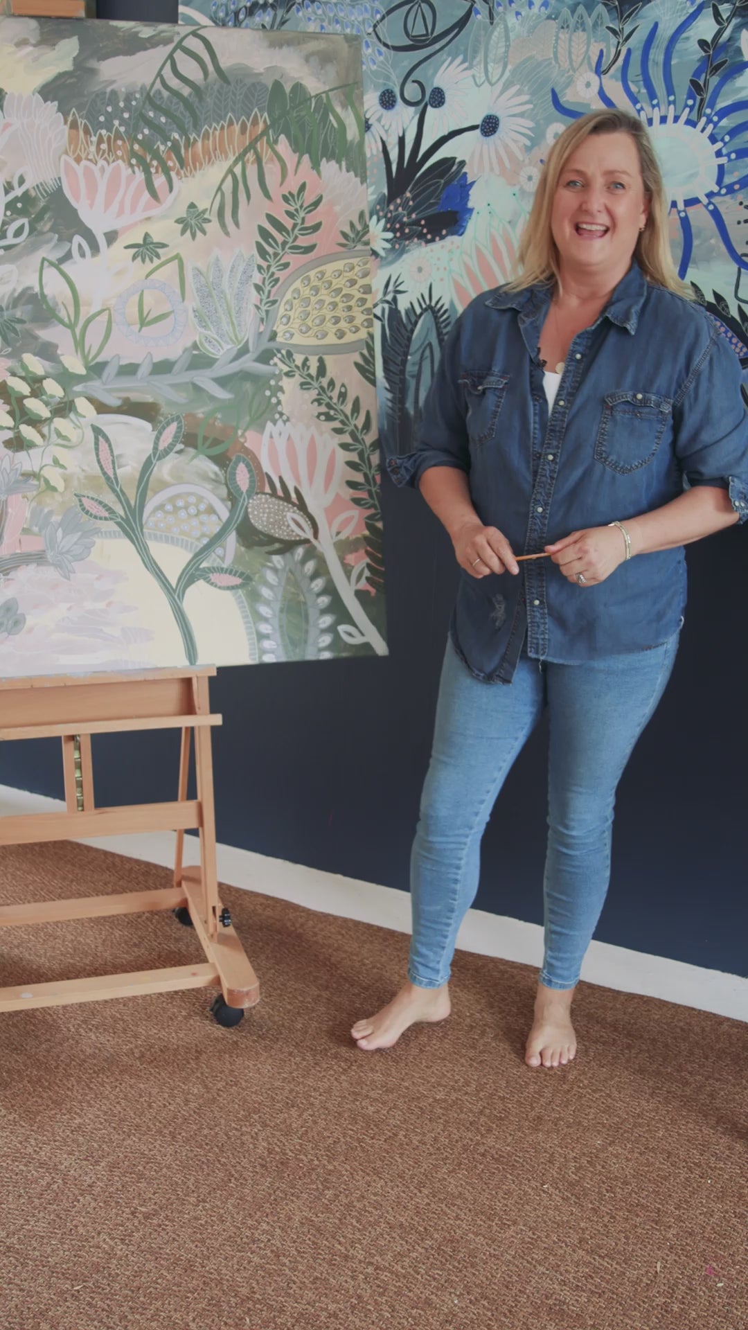 Video of Australian artist explaining her artwork Bush Lullaby
Painting is soft pink, grey, green and white.