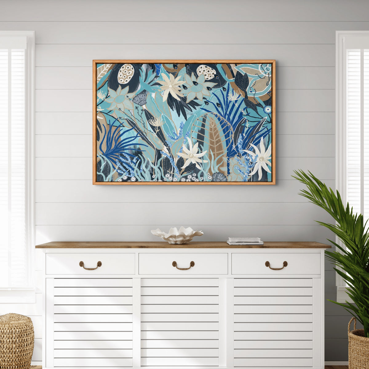 South Coast by Anna Lohe – horizontal blue botanical art print mixing Australian natives with shells, seagrass and coral