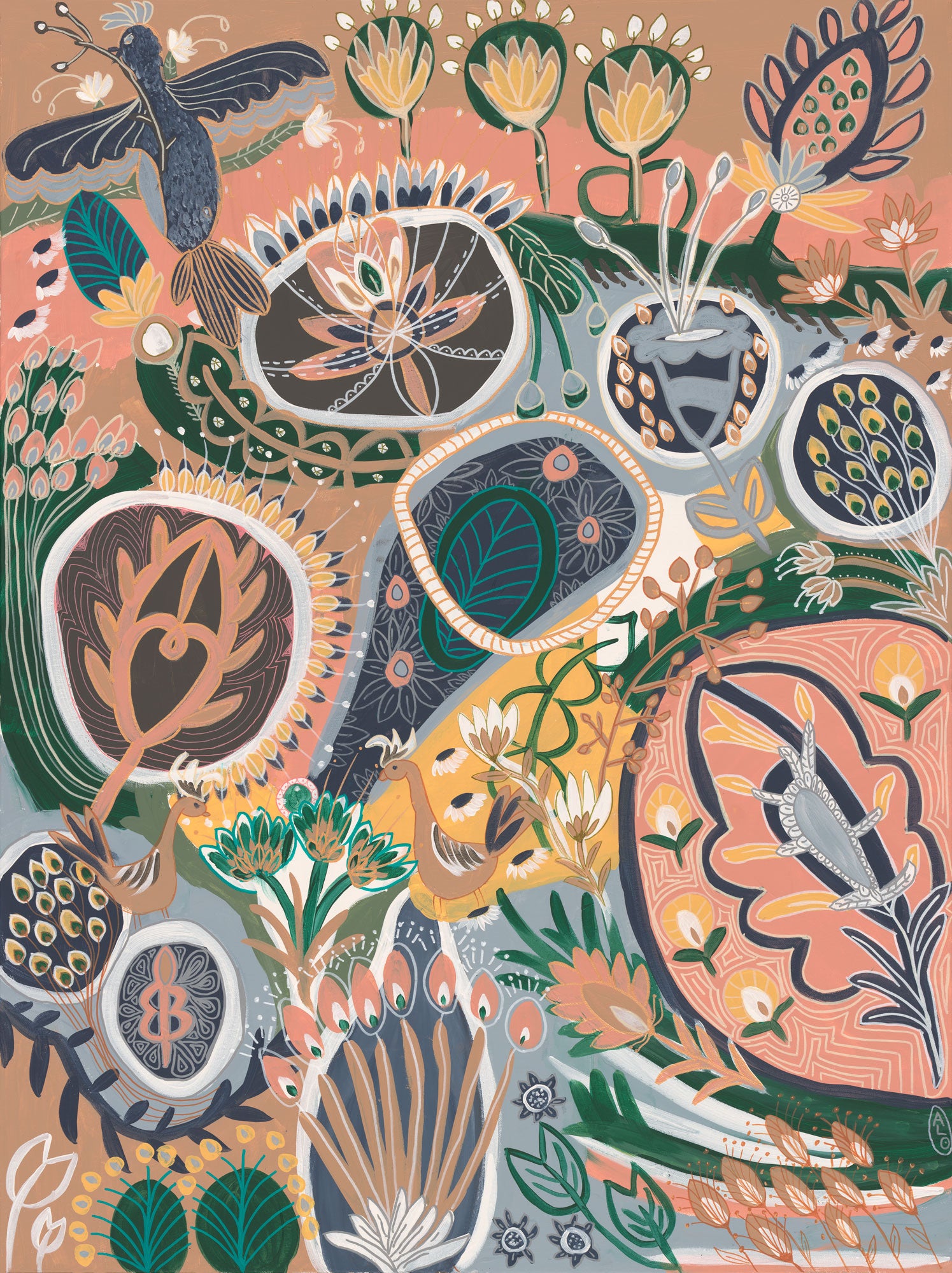 Flowers and Feathers artwork by Anna Lohe. Features birds, flowers and motifs in peach, tan, emerald, dark and light blue.