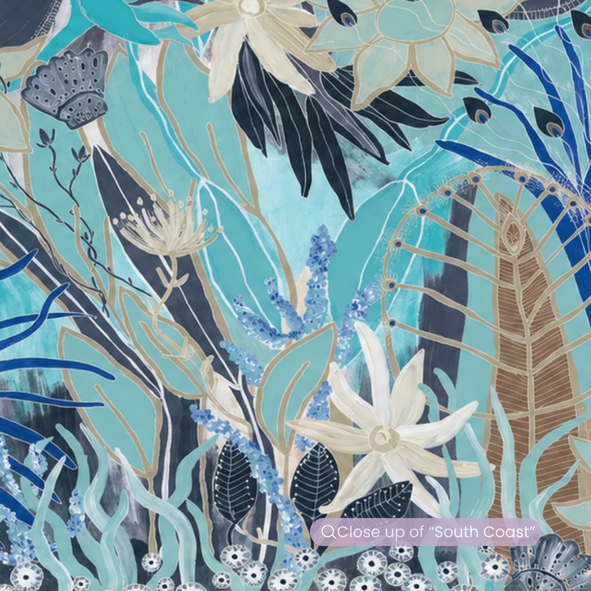 South Coast by Anna Lohe – horizontal blue botanical art print mixing Australian natives with shells, seagrass and coral