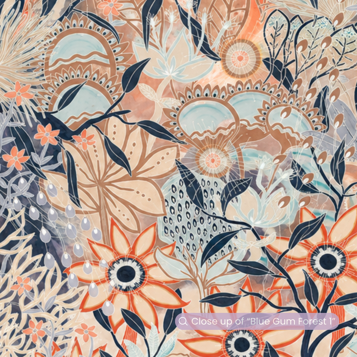 Blue Gum Forest Vertical 1 by Anna Lohe – tall botanical print of the Australian bush in terracotta, navy, soft blue and warm tan