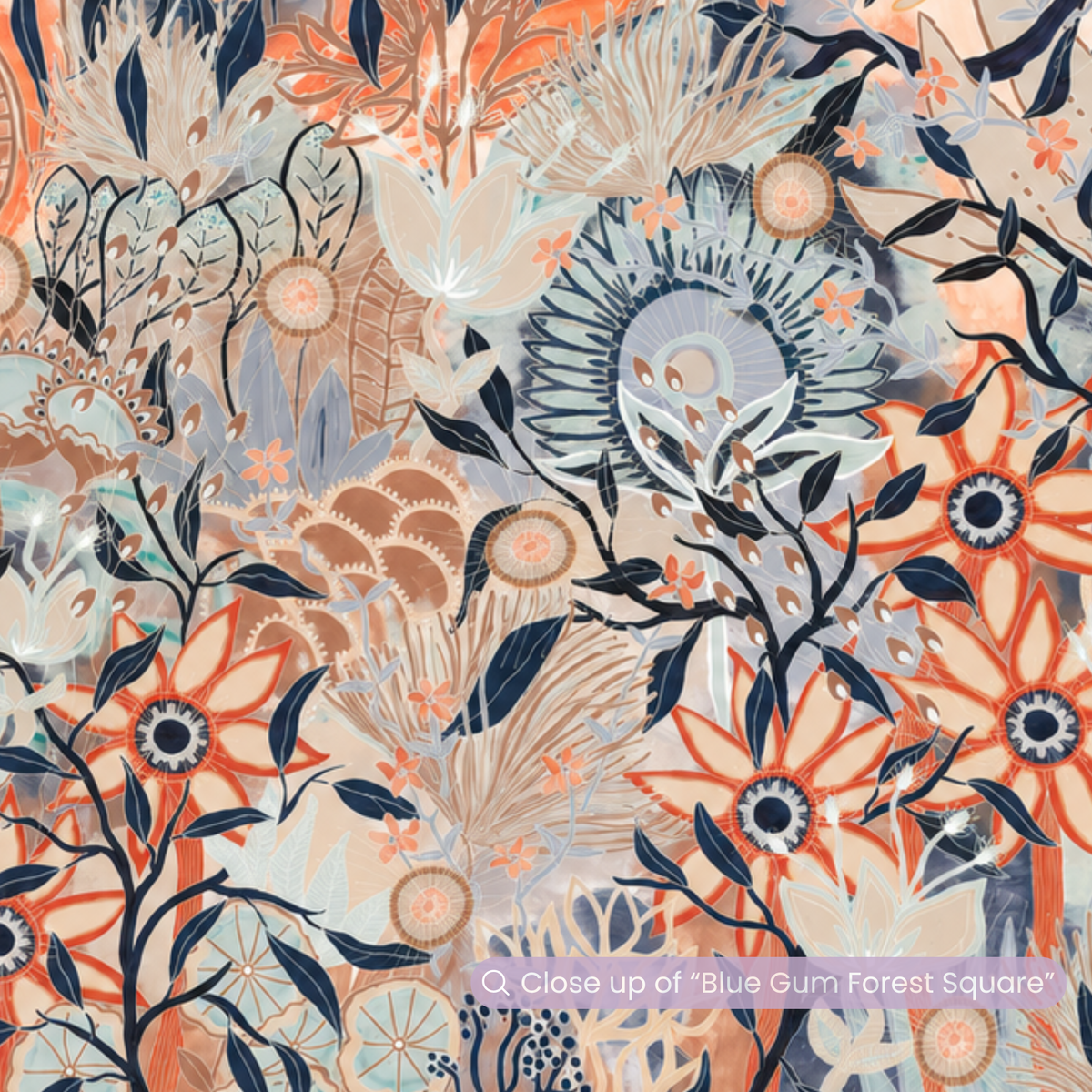 Blue Gum Forest Square by Anna Lohe – square Australian bush print of layered native plants in terracotta, navy, soft blue and tan