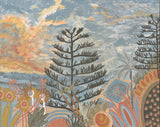 Painting  of sunrise over the south end of Avalon Beach. Features Norfolk pine trees and Australian native plants.