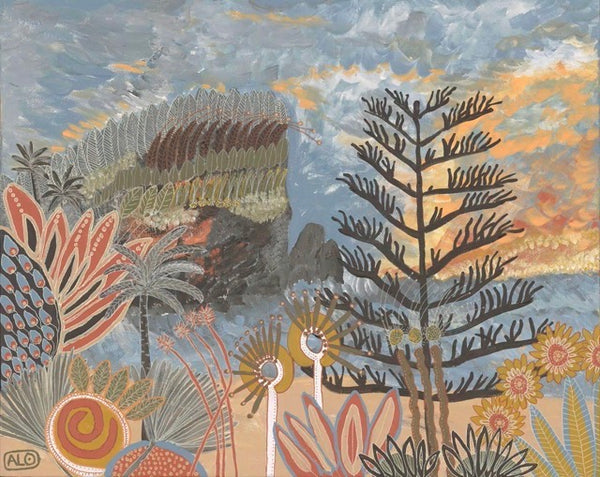 This is a painting of coastal cliff top overlooking ocean. It features norfolk pine trees along the coastline with Austrlian native plants in the foreground.