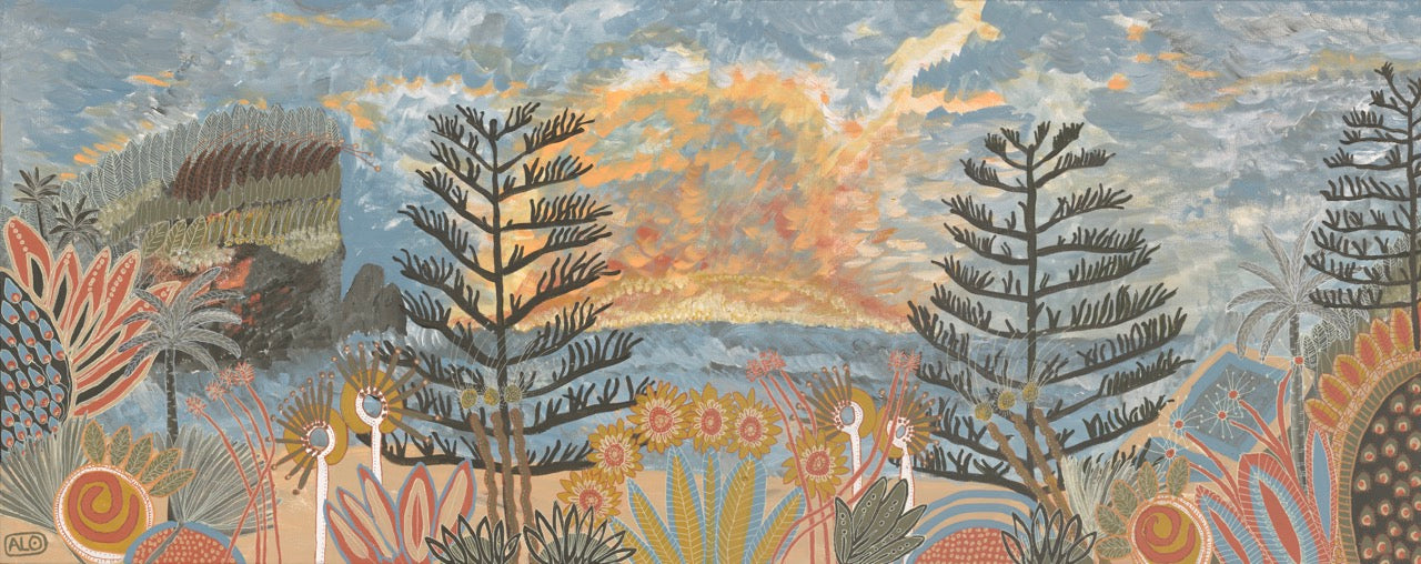 Large horizontal painting of sunrise over Avalon Beach with Bangalley headland, norfolk pine tree and Australian native plants by Australian contemporary artist, Anna Lohe