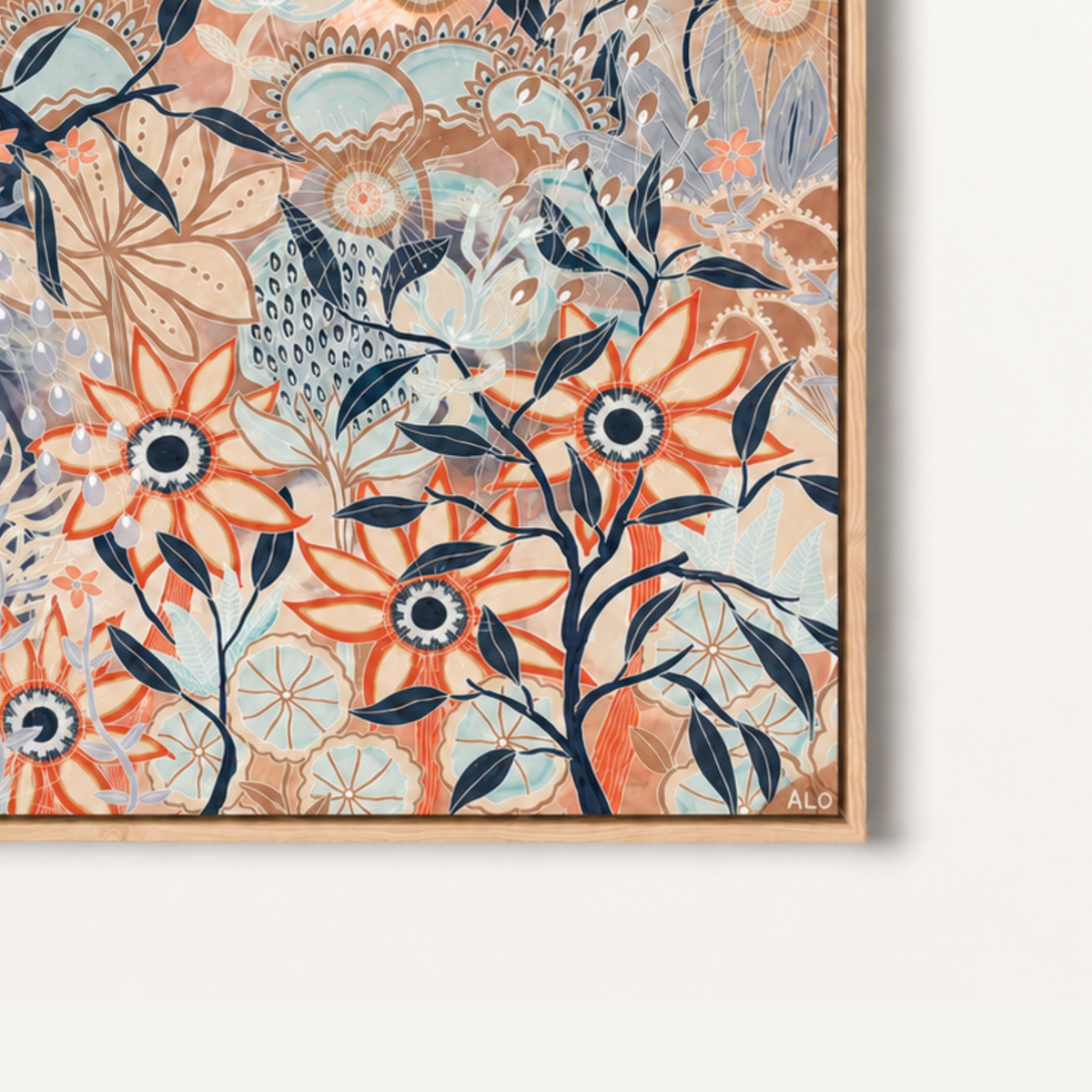 Blue Gum Forest Vertical 1 by Anna Lohe – tall botanical print of the Australian bush in terracotta, navy, soft blue and warm tan