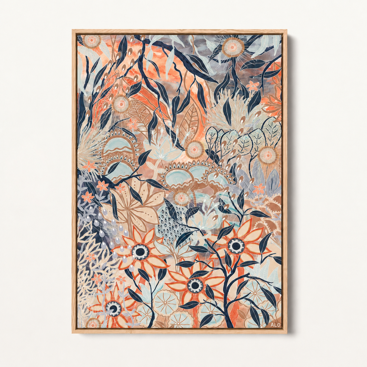 Blue Gum Forest Vertical 1 by Anna Lohe – tall botanical print of the Australian bush in terracotta, navy, soft blue and warm tan
