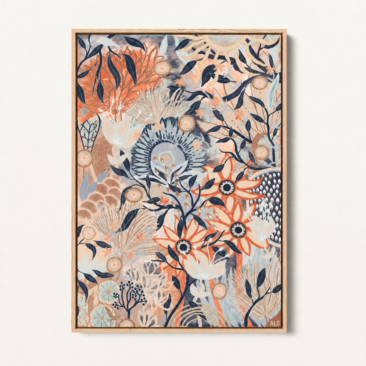 A framed botanical art print featuring an intricate pattern of stylized flowers, leaves, and organic shapes in warm orange, beige, navy, and soft blue tones, set against a light cream background.