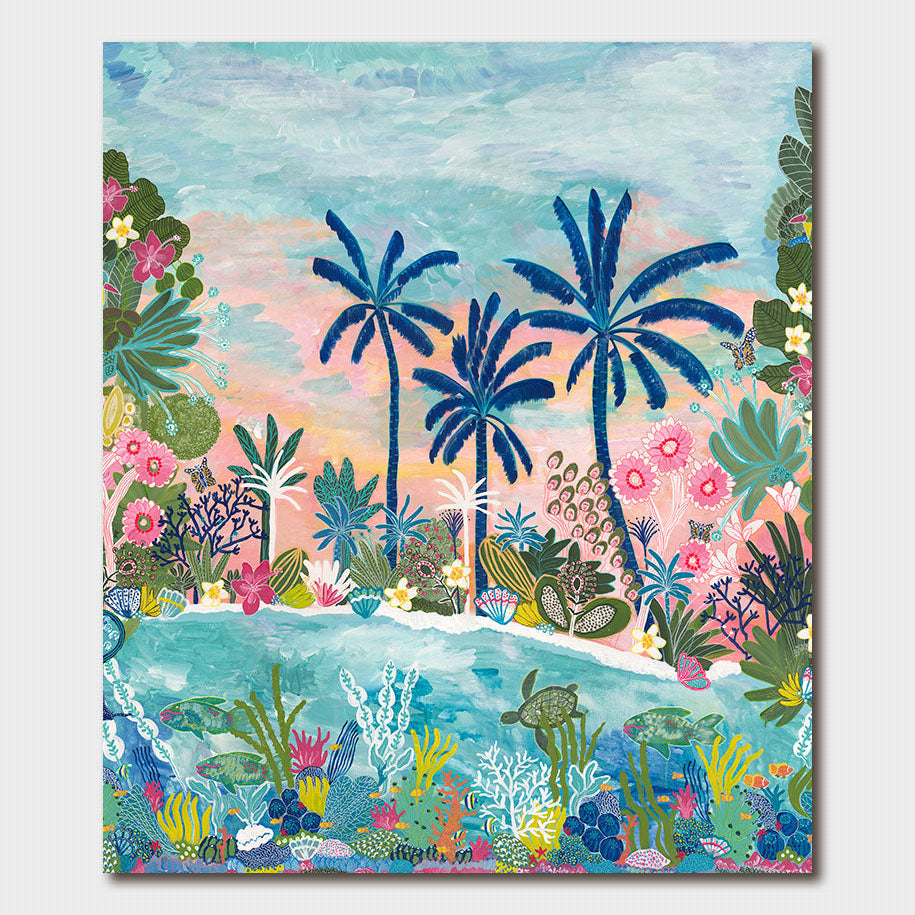 Colorful tropical scene with palm trees, flowers, and underwater life.