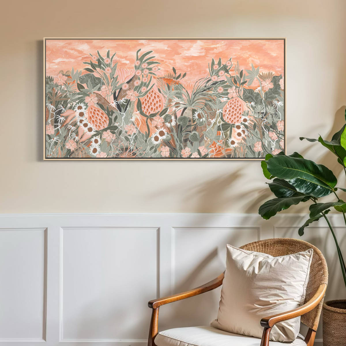 Evening Primrose by Anna Lohe – extra wide twilight landscape print of banksia, eucalyptus, grass trees and pink primrose under a blush sky