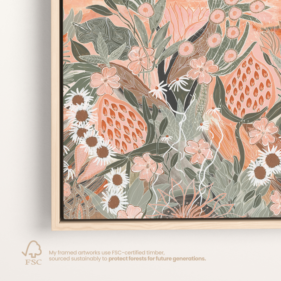 Evening Primrose Rectangle by Anna Lohe – corner of the framed artwork with FSC-certified timber label