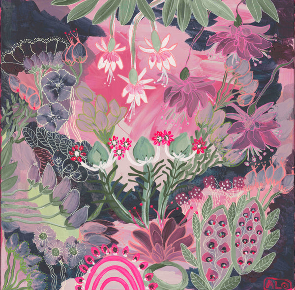 Hot pink painting featuring fuchsia and other flowers by Anna Lohe artist