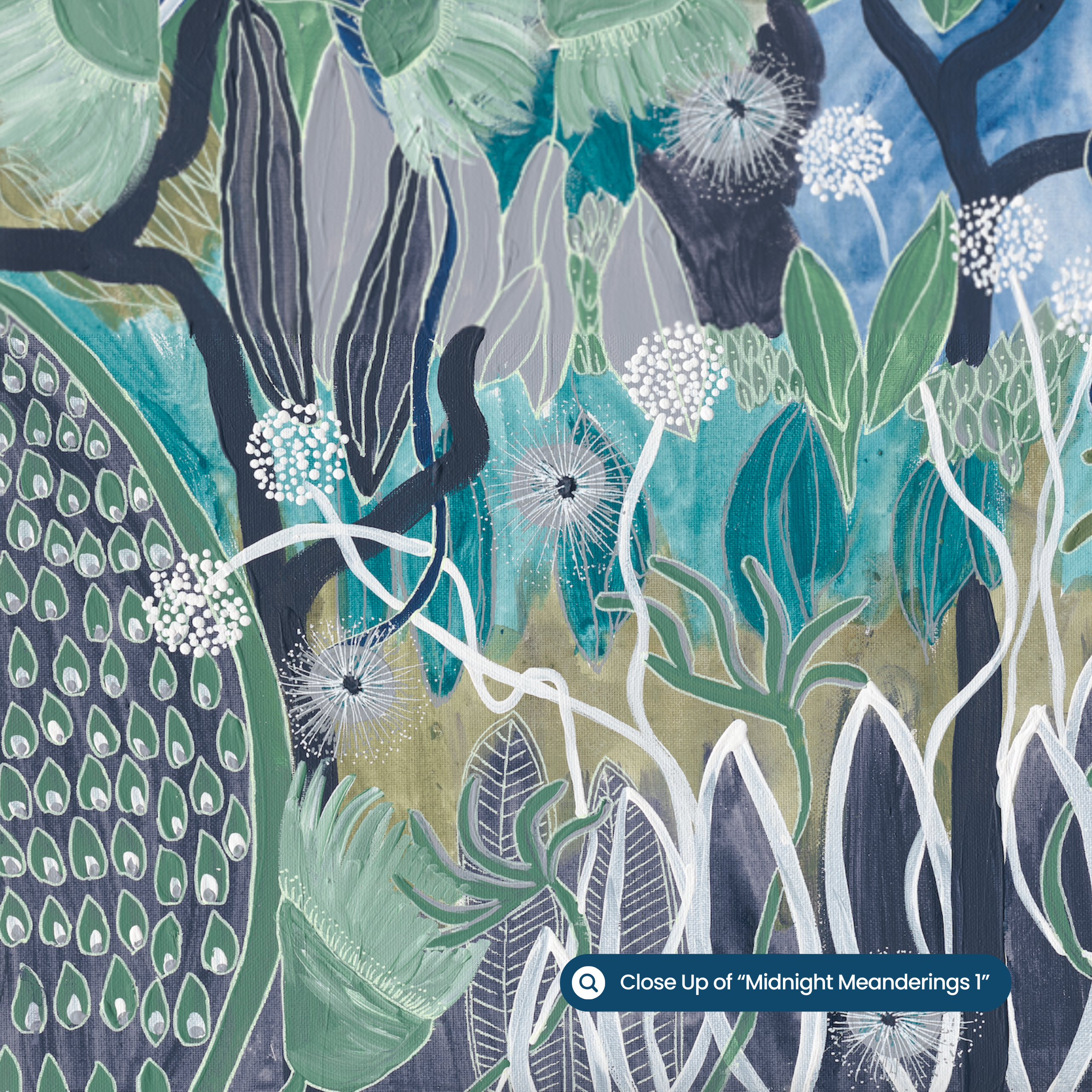 Midnight Meanderings set of 3 — moody blue and green Australian native botanical art by Anna Lohe, displayed together as a matching trio