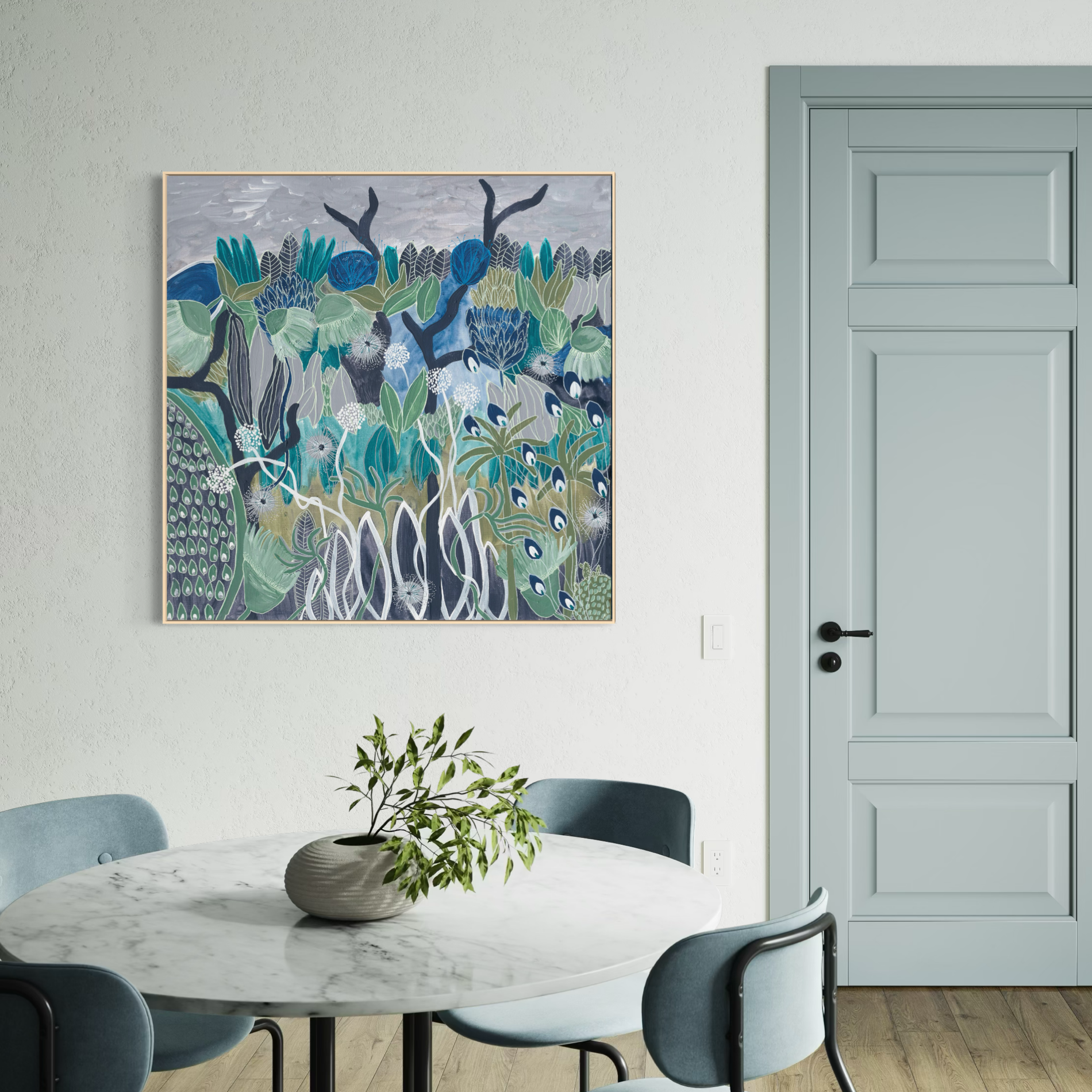 Midnight Meanderings 1 square artwork — moody blue and green Australian native botanical art by Anna Lohe