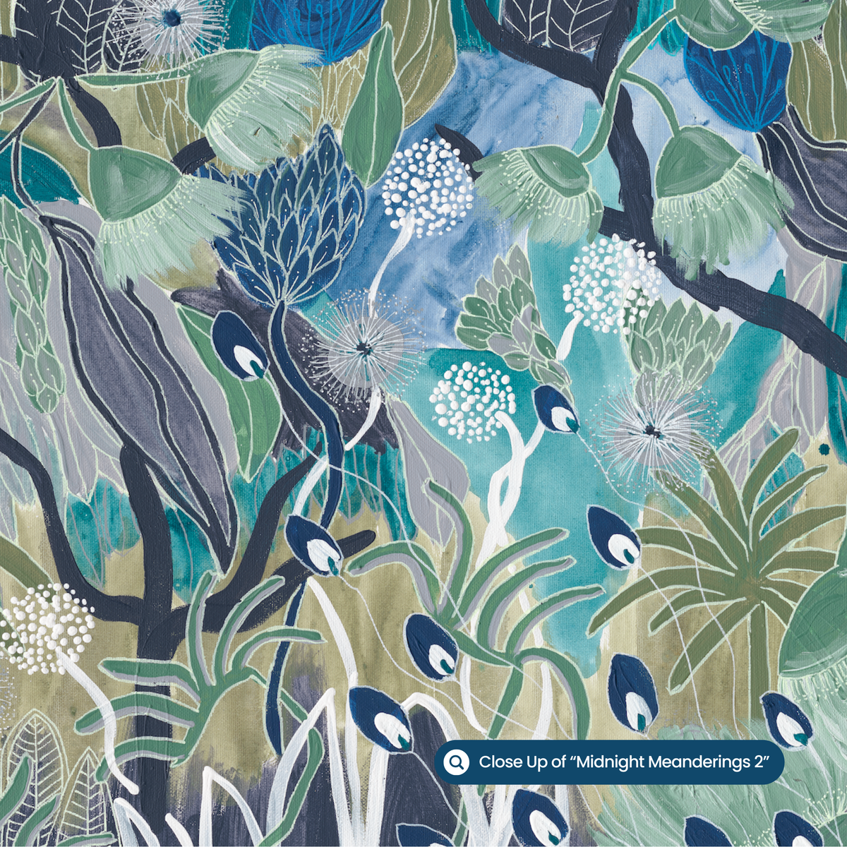 Midnight Meanderings set of 3 — moody blue and green Australian native botanical art by Anna Lohe, displayed together as a matching trio