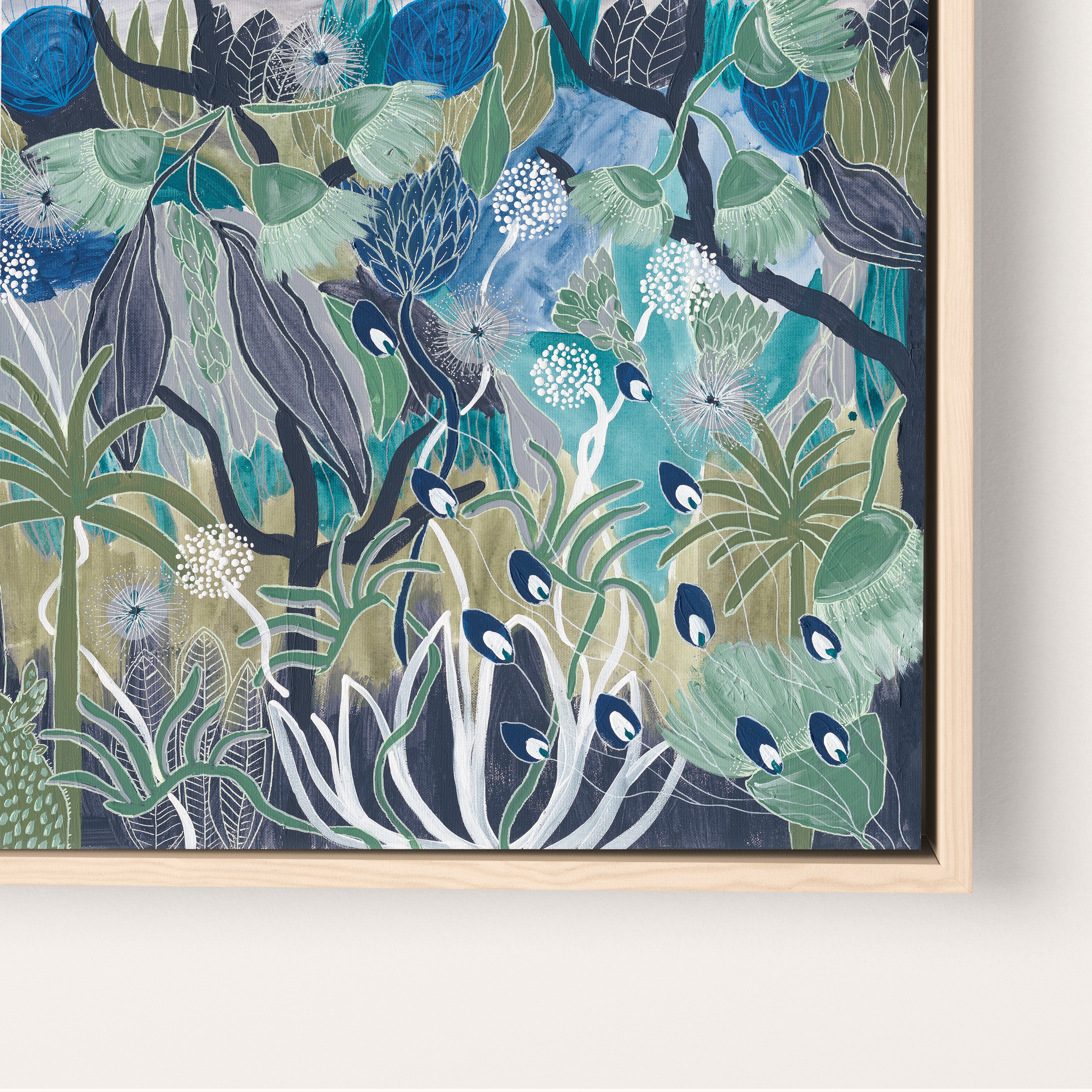 Midnight Meanderings 2 square artwork — moody blue and green Australian native botanical art by Anna Lohe