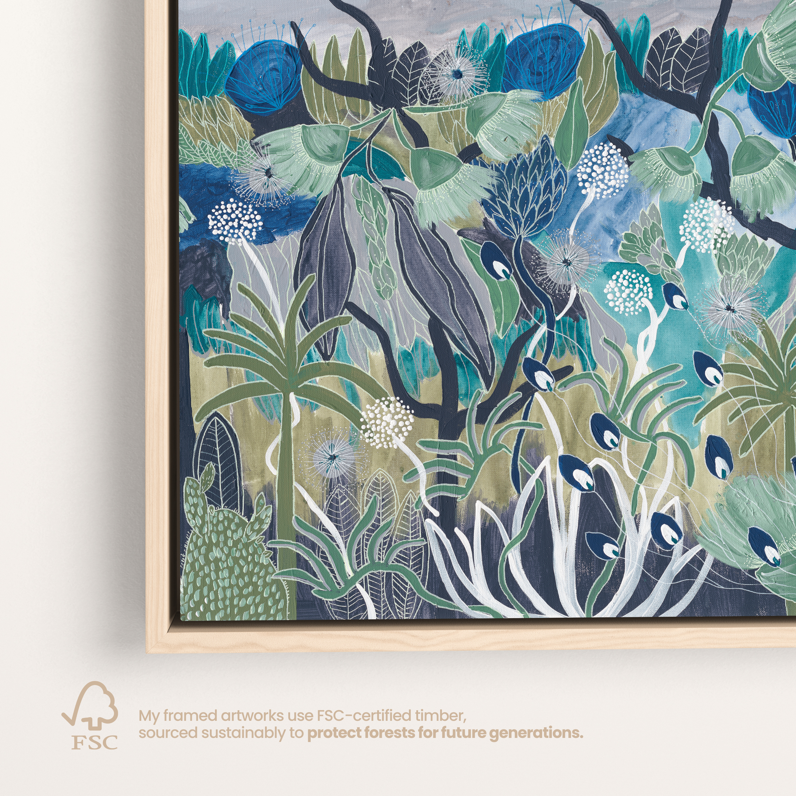 Midnight Meanderings 2 square artwork — moody blue and green Australian native botanical art by Anna Lohe