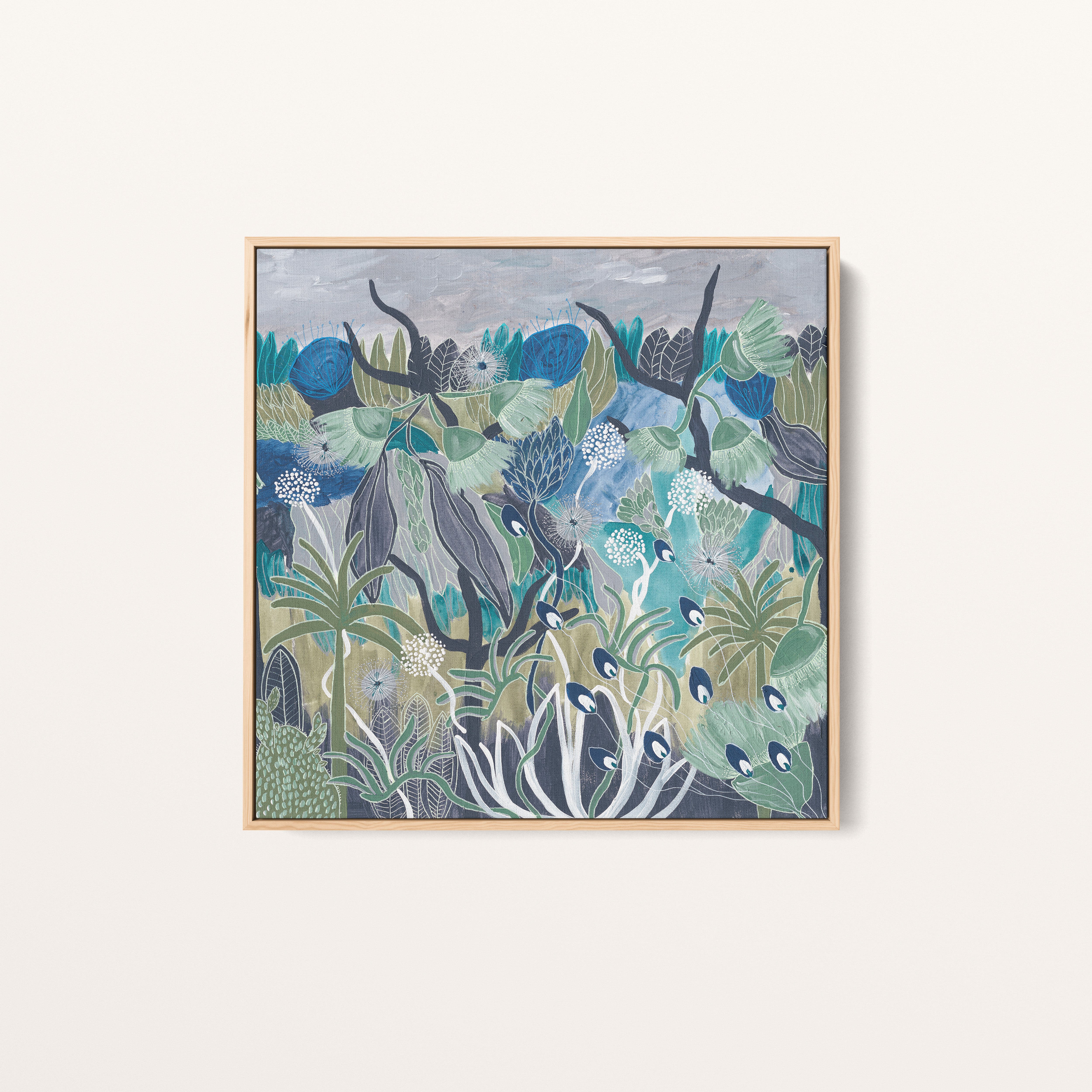 Midnight Meanderings 2 square artwork — moody blue and green Australian native botanical art by Anna Lohe