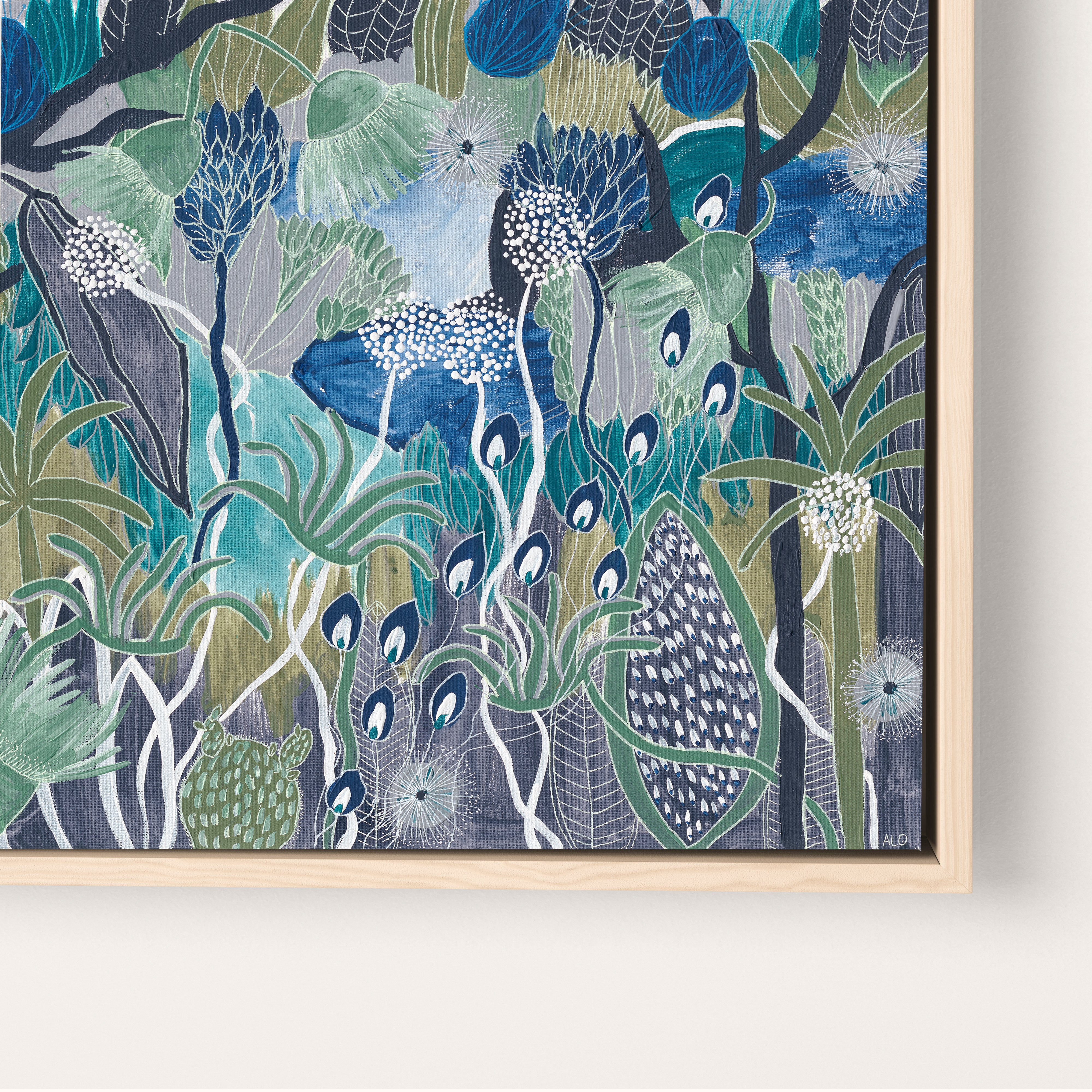 Midnight Meanderings set of 3 — moody blue and green Australian native botanical art by Anna Lohe, displayed together as a matching trio