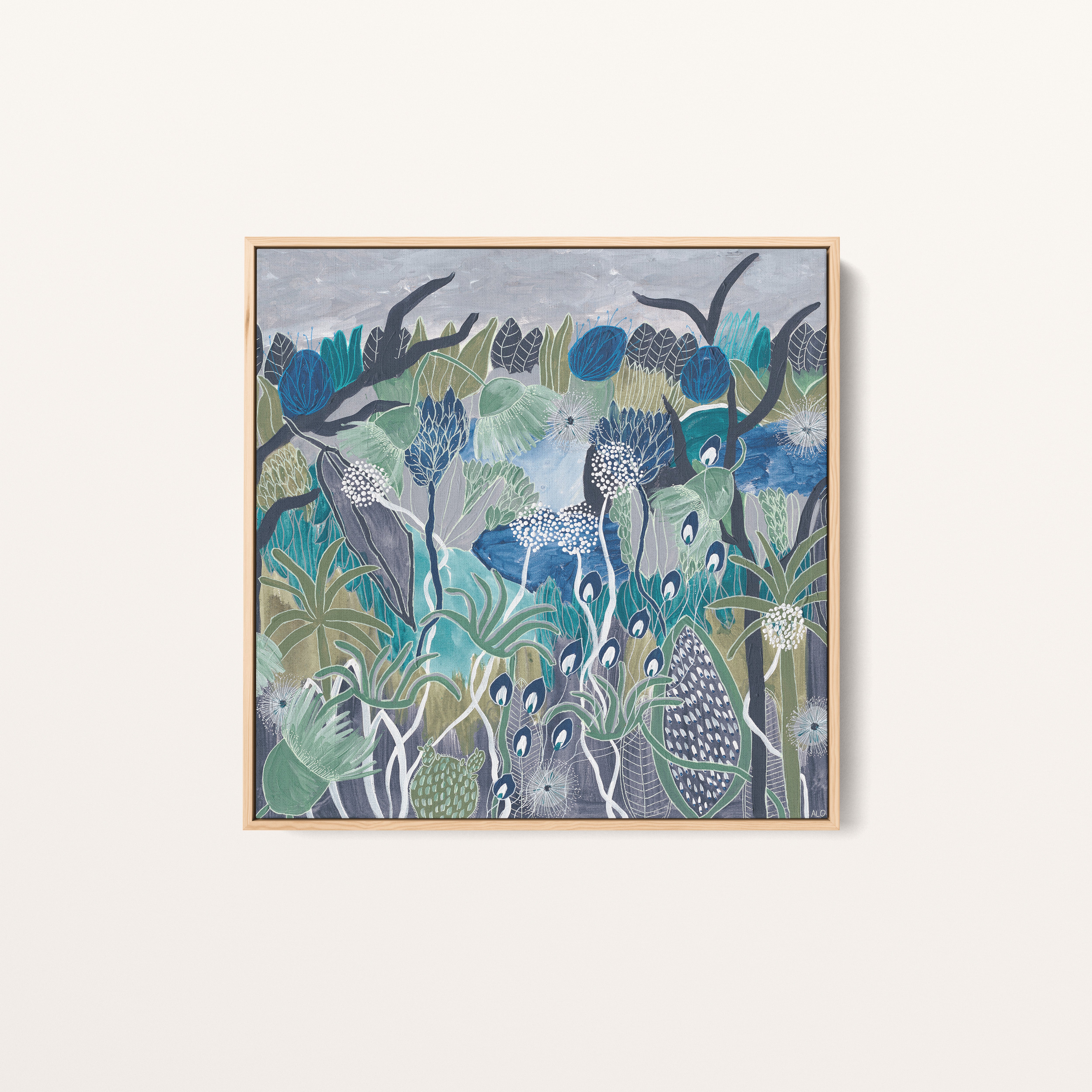 Midnight Meanderings 3 square artwork — moody blue and green Australian native botanical art by Anna Lohe