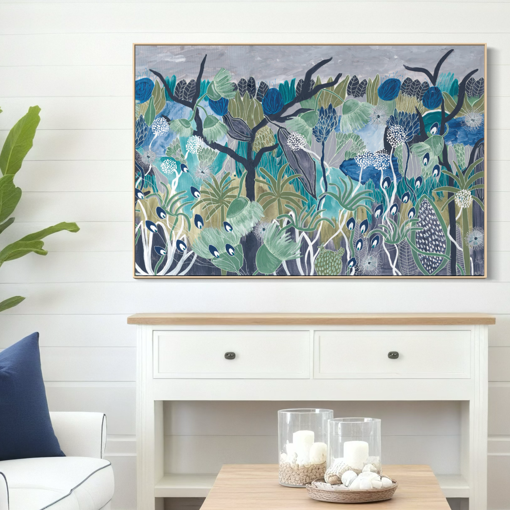 Midnight Meanderings 2 & 3 pair — moody blue and green Australian native botanical art by Anna Lohe, displayed as a matching set