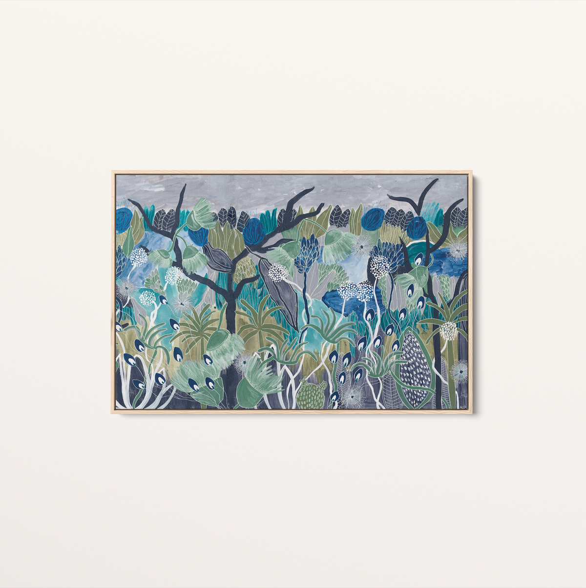 Midnight Meanderings 2 & 3 pair — moody blue and green Australian native botanical art by Anna Lohe, displayed as a matching set